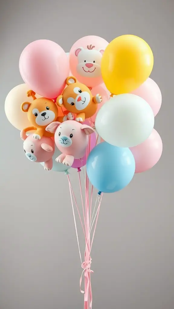 29 Adorable Baby Shower Centerpiece Ideas You’ll Love 9 Colorful balloon bouquet with baby animal designs for a baby shower centerpiece