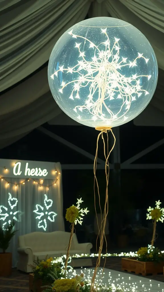 A transparent balloon filled with fairy lights, creating a magical centerpiece.