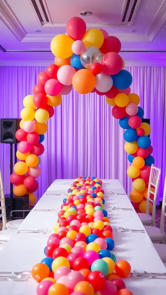 Colorful balloon garland table runner on a white table with a purple backdrop