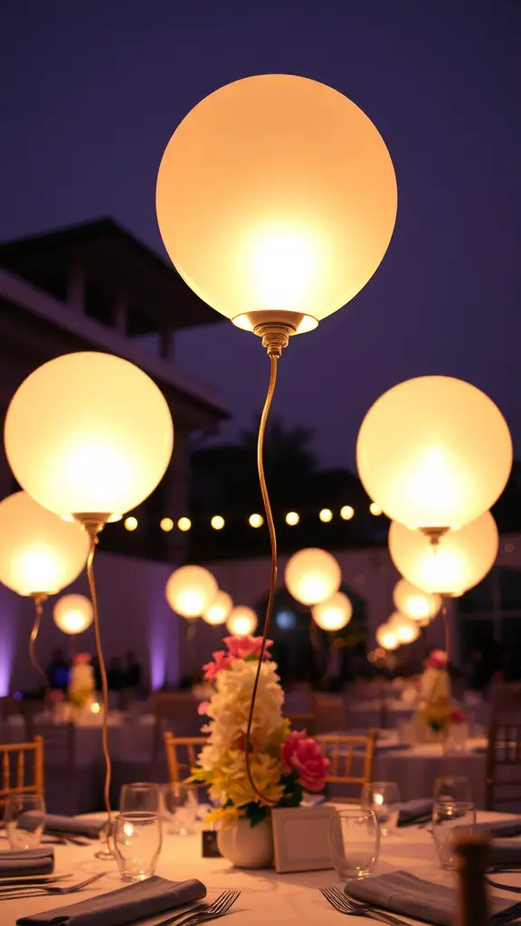 A table set with balloon lantern centerpieces, featuring glowing balloons above floral arrangements.