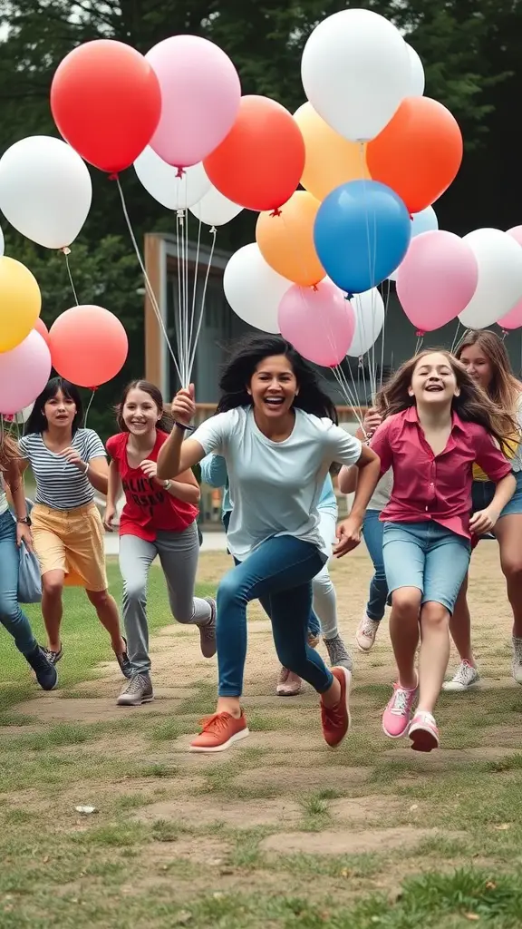 A group of kids joyfully running with colorful balloons during a fun game.