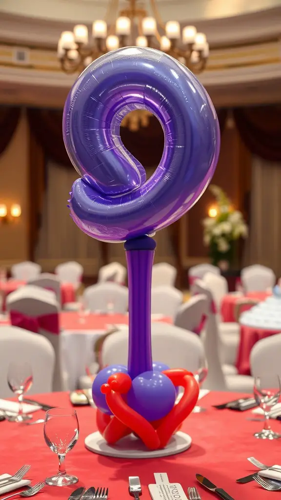 A colorful balloon sculpture centerpiece in purple, red, and blue on a table with a red tablecloth.