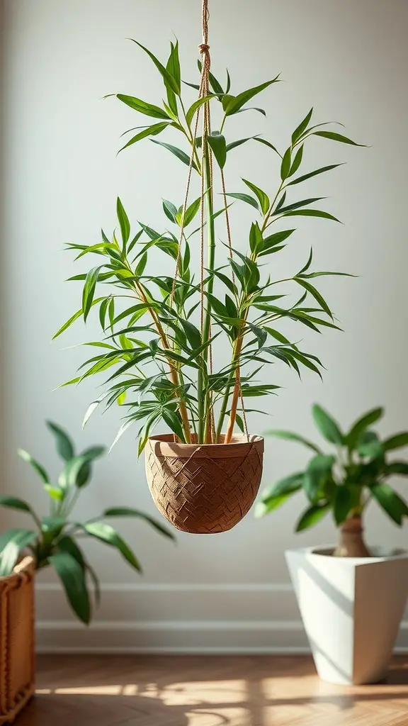 15 Stunning Indoor Hanging Plants to Transform Your Space 7 A vibrant bamboo plant hanging in a woven pot, adding a serene touch to the indoor space.