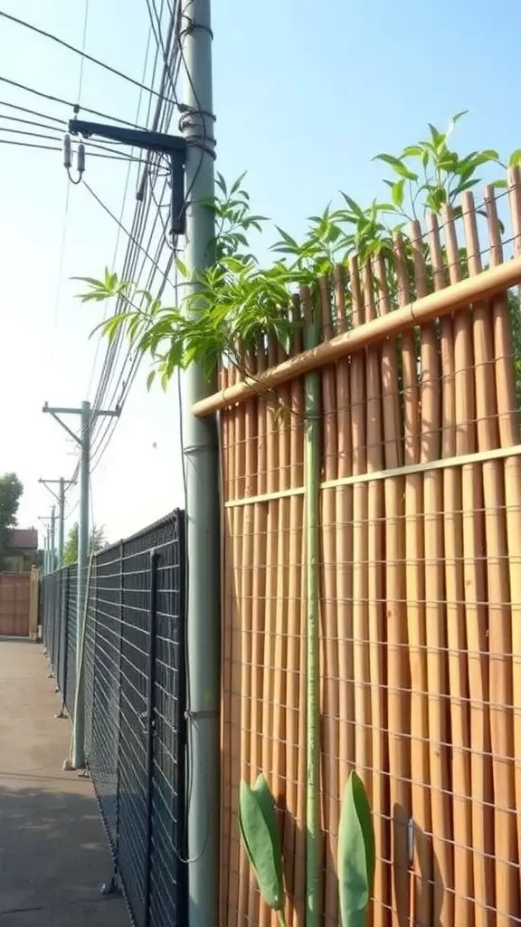21 Creative Bamboo Fence Ideas for Your Outdoor Space 15 Image showing a combination of bamboo and wire fence with greenery.