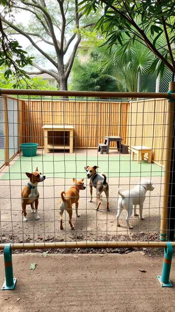 21 Creative Bamboo Fence Ideas for Your Outdoor Space 12 A pet enclosure surrounded by a bamboo fence, featuring four dogs inside.