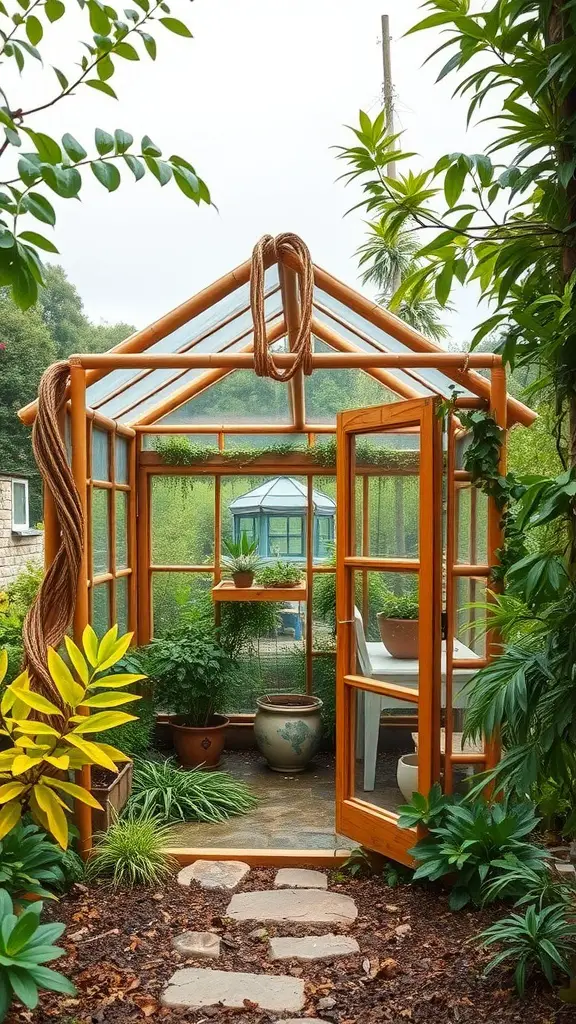 21 Creative Mini Greenhouse Ideas to Maximize Your Gardening Space 15 A bamboo frame mini greenhouse surrounded by greenery, featuring open doors and potted plants.