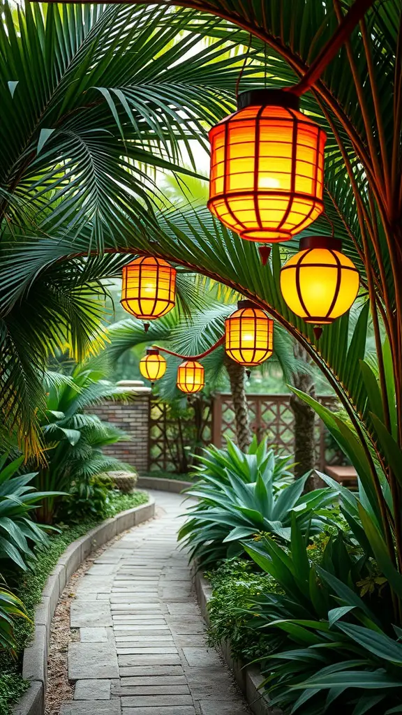 21 Creative Garden Lantern Ideas to Illuminate Your Outdoor Space 17 Bamboo lanterns hanging among palm leaves in a garden pathway