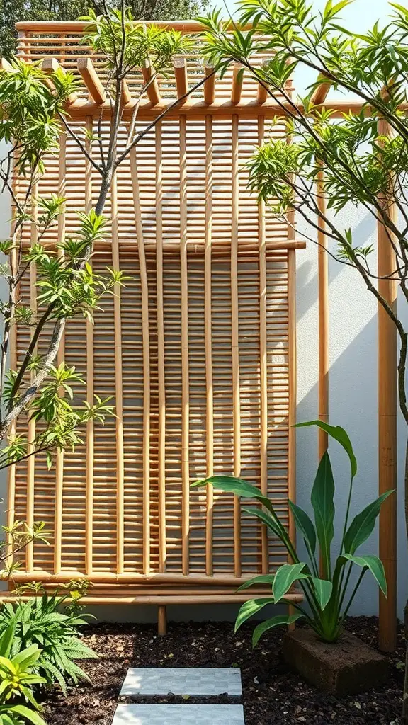 23 Inspiring Minimalist Garden Ideas for a Stylish Outdoor Space 17 A bamboo privacy screen surrounded by plants in a minimalist garden.