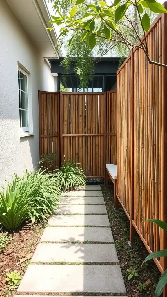 19 Stunning Small Front Yard Landscaping Ideas 16 A narrow pathway with bamboo privacy screens and green plants