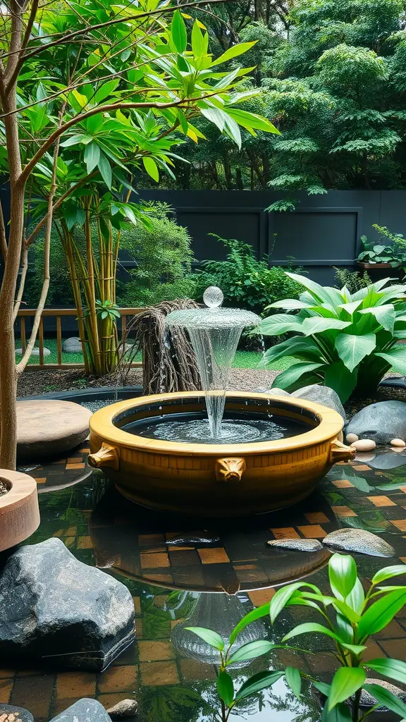 A tranquil bamboo water feature in a zen garden, surrounded by lush green plants and stones.