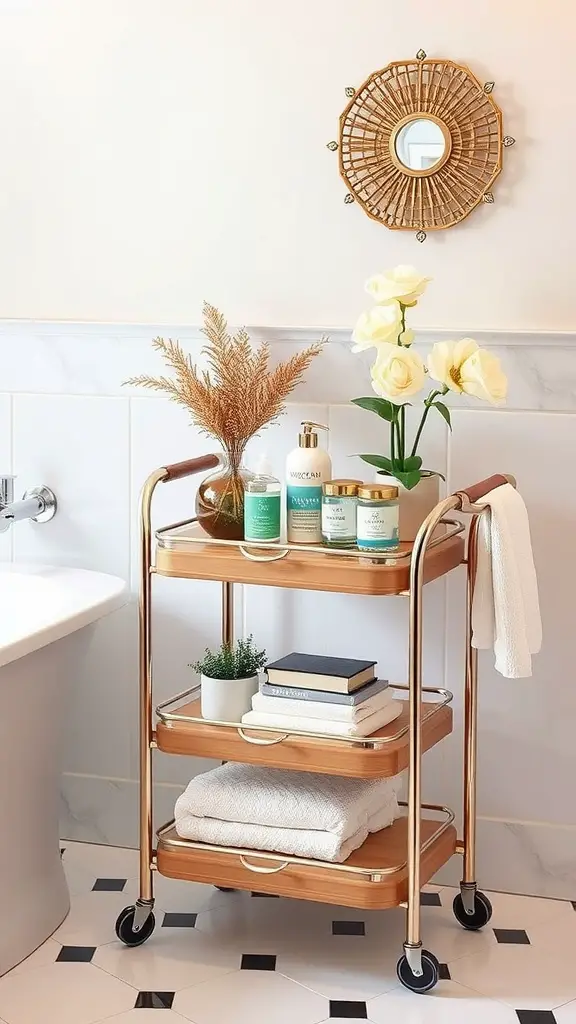 A stylish wooden bathroom cart with skincare products, towels, and decorative flowers, set against a light-colored wall.