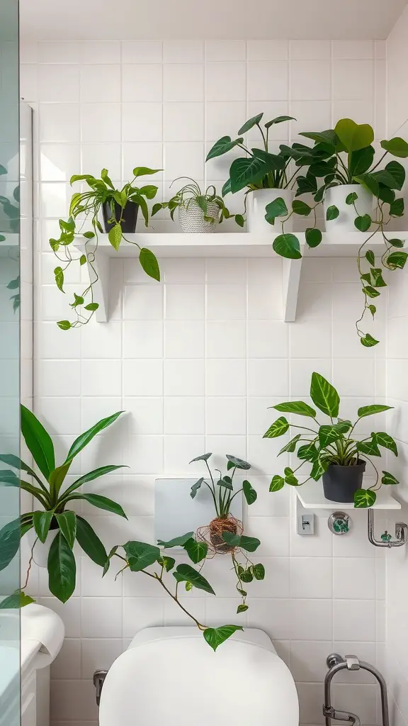 A modern bathroom featuring a white shelf with various green plants against white tiled walls.