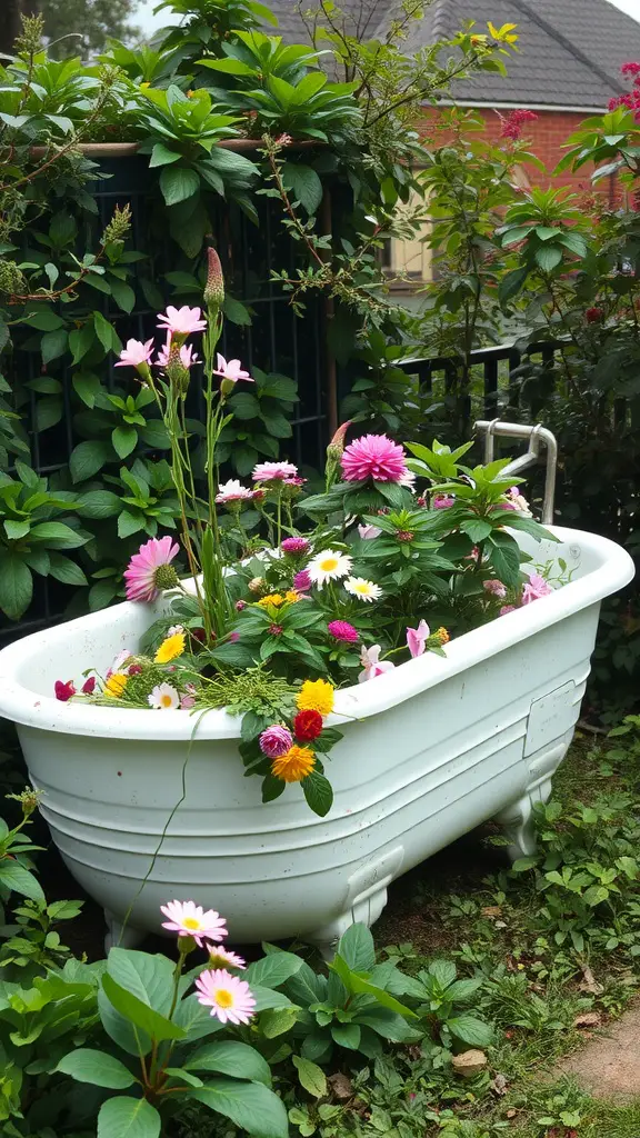15 Creative Repurposed Items to Transform Your Garden 10 A white bathtub filled with various colorful flowers, set in a lush garden