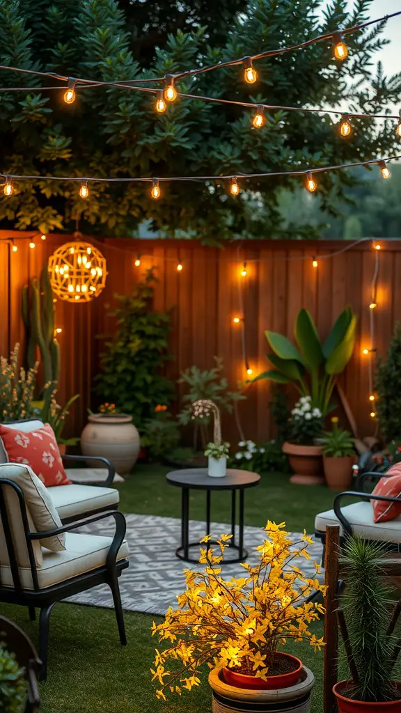 17 Stunning Backyard String Lights to Transform Your Outdoor Space 12 A cozy backyard with battery-operated string lights illuminating a seating area.