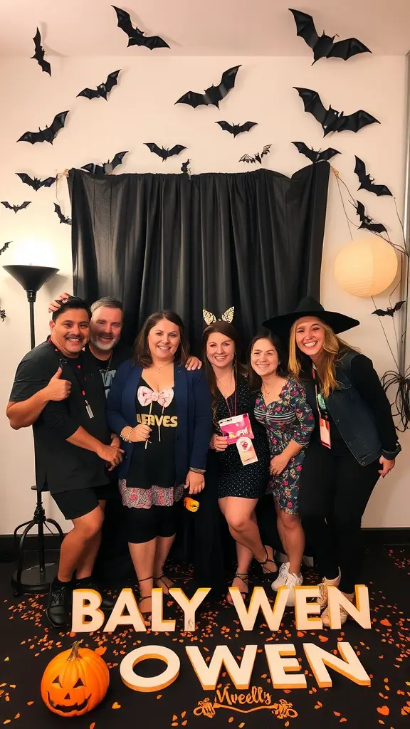 19 Creative Halloween Baby Shower Ideas to Spook Up Your Celebration 5 A group of friends in costumes posing in front of a spooky photo booth decorated with bats and a pumpkin.