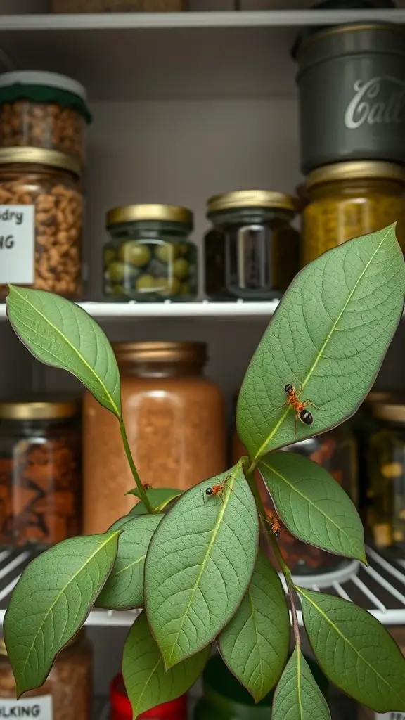 15 Effective DIY Indoor Ant Repellents You Can Make at Home 15 Vibrant bay leaves in a cupboard with jars and containers, showcasing a natural ant repellent method.