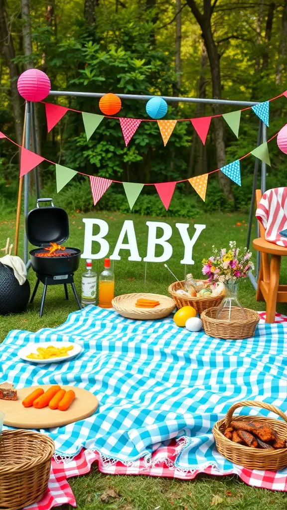 25 Creative Baby Shower Themes for September Celebrations 8 A lively BBQ picnic setup for a baby shower, featuring colorful decorations, food on a blue checkered blanket, and a grill.