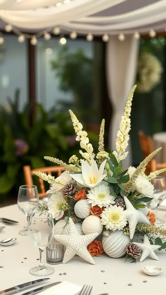 25 Stunning Wedding Table Centerpieces to Inspire Your Big Day 11 Beach-inspired wedding centerpiece with flowers and shells