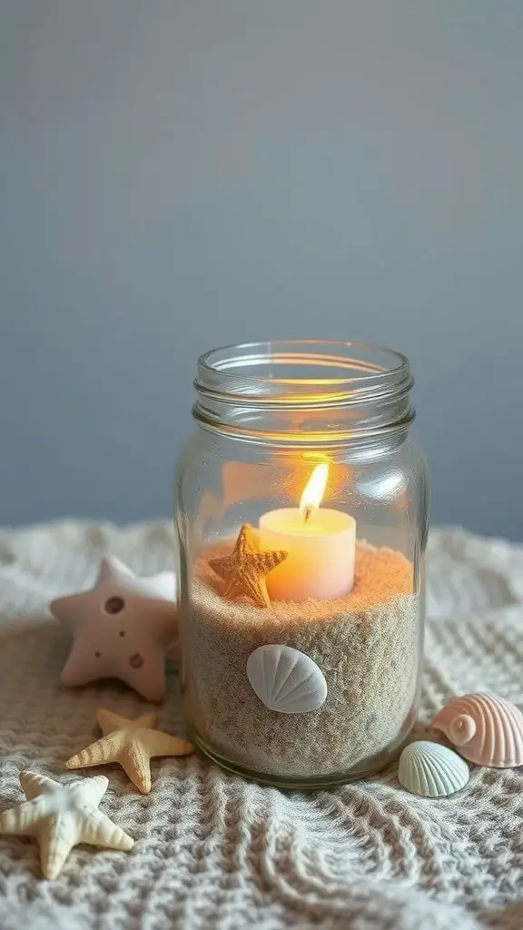 Mason jar with sand and candle, decorated with seashells, on a light fabric backdrop.