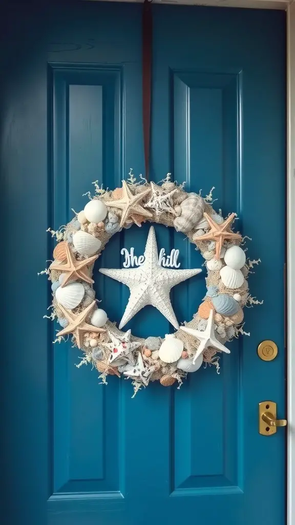 13 Stunning DIY Wreaths to Welcome You Home 4 A beach-themed seashell wreath hanging on a blue door, featuring starfish and seashells.