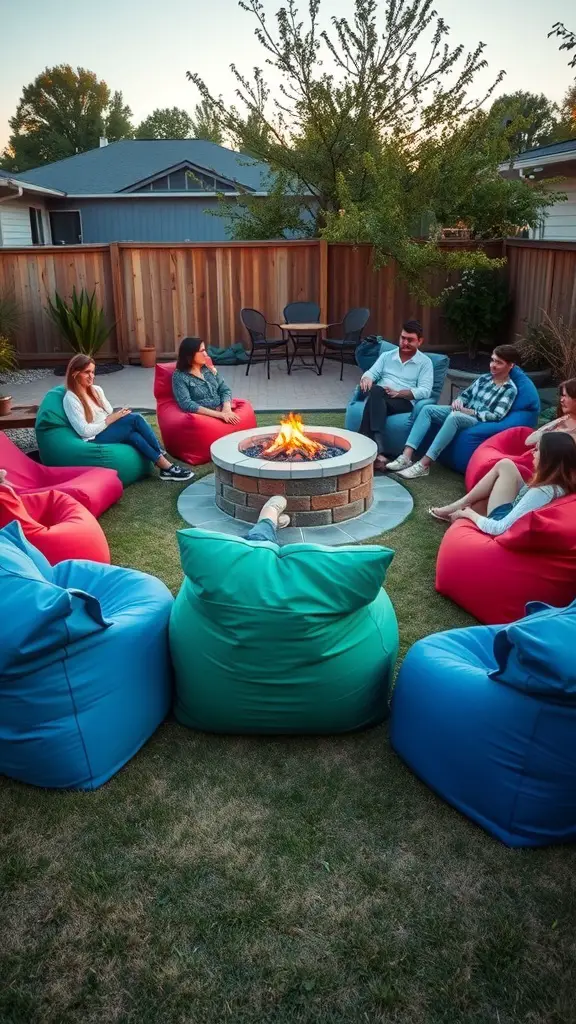 19 Stylish Outdoor Fire Pit Seating Ideas for Cozy Gatherings 7 A group of people relaxing on colorful bean bag chairs around a fire pit in an outdoor setting.