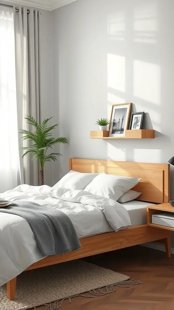 A modern bedroom featuring a wooden bed frame with floating shelves on the wall, decorated with photos and a plant.
