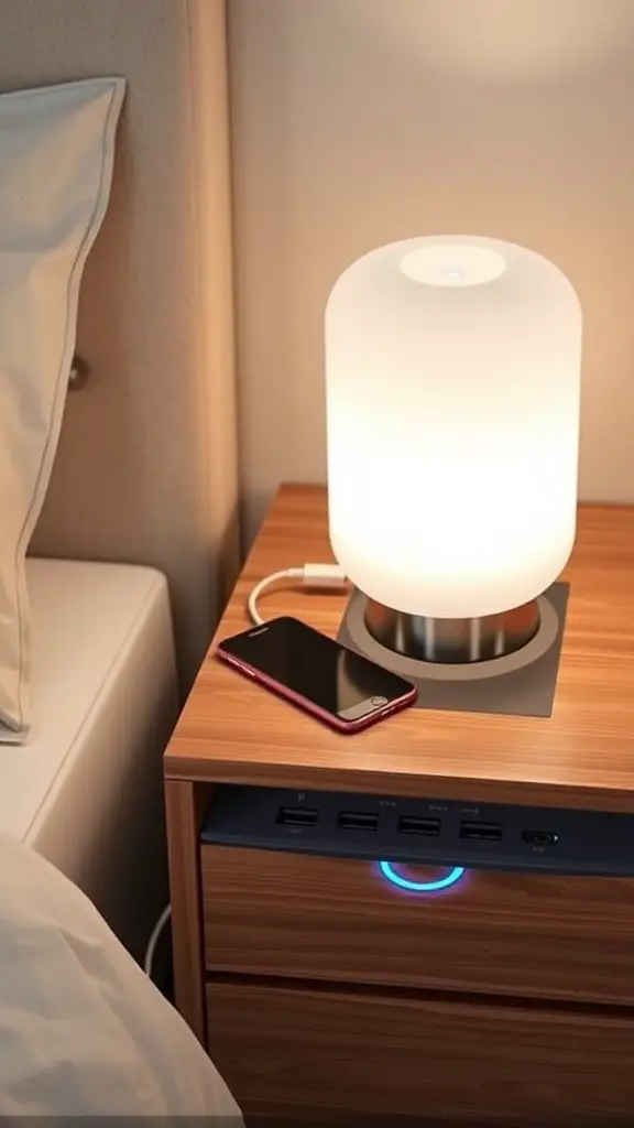 19 Creative Nightstand Ideas to Elevate Your Bedroom Decor 6 Stylish bedside table with a built-in charging station, lamp, and a smartphone.