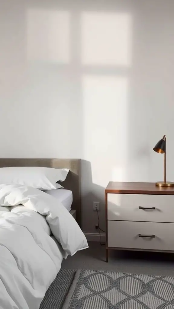 A modern bedroom featuring a cozy bed with white bedding and a bedside table with two drawers.
