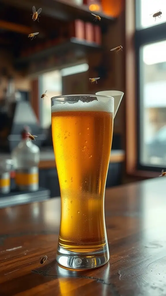 A glass of beer with fruit flies buzzing around it