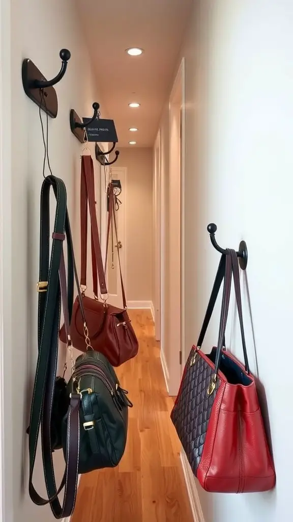 A hallway with black belt hooks on the wall displaying several handbags.