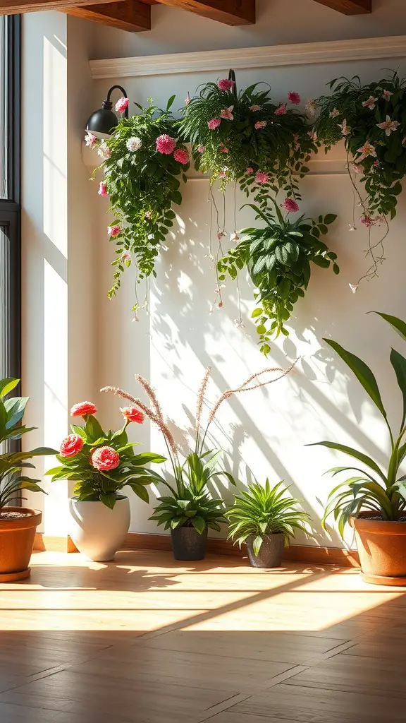 25 Stunning Floral Indoor Plant Wall Ideas for Your Home 4 A bright indoor space featuring various floral plants arranged on a wall and in pots, showcasing the beauty of greenery.