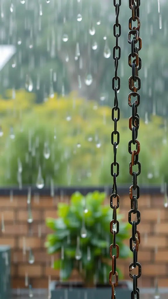 25 Creative Rain Chain Drainage Ideas for Your Home 6 Rain chain with droplets in a garden during rainfall, showcasing drainage system