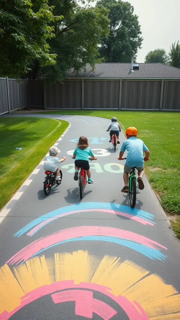 13 Creative Yard Ideas for Kids to Explore and Enjoy 8 Kids racing on bikes and scooters on a colorful track in a yard.