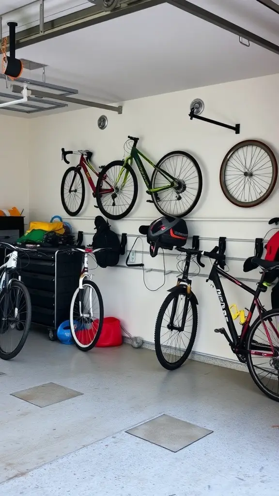 29 Creative Garage Interior Ideas You’ll Love 10 Organized garage space showing bicycles on wall-mounted racks and sports gear stored neatly.