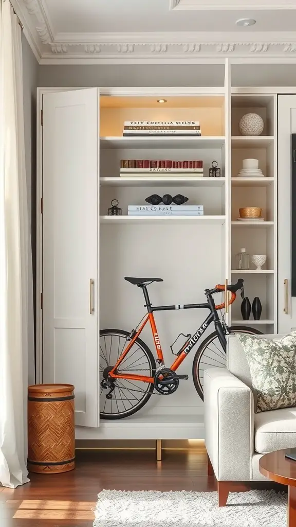 21 Creative Bike Storage Ideas for Small Spaces 6 A stylish bicycle storage cabinet featuring a bright orange bike inside, placed in a cozy living room setting.