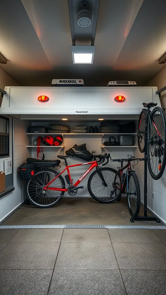 Neatly organized RV bike storage with two bicycles, helmets, and cycling gear.