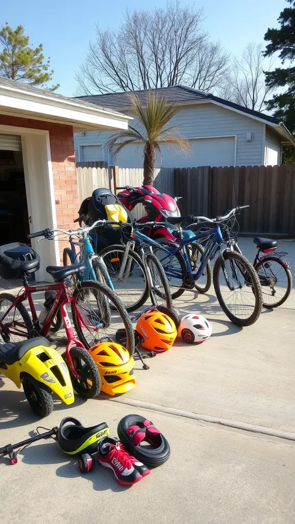 21 Creative Garage Sale Ideas to Boost Your Sales 13 Various bicycles and sports helmets displayed outside a garage