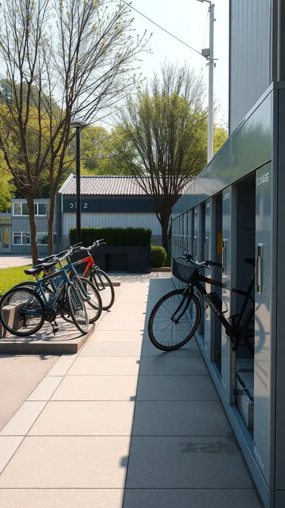 21 Creative Bike Storage Ideas for Small Spaces 16 A bike storage area featuring lockers and parked bicycles in a community space.