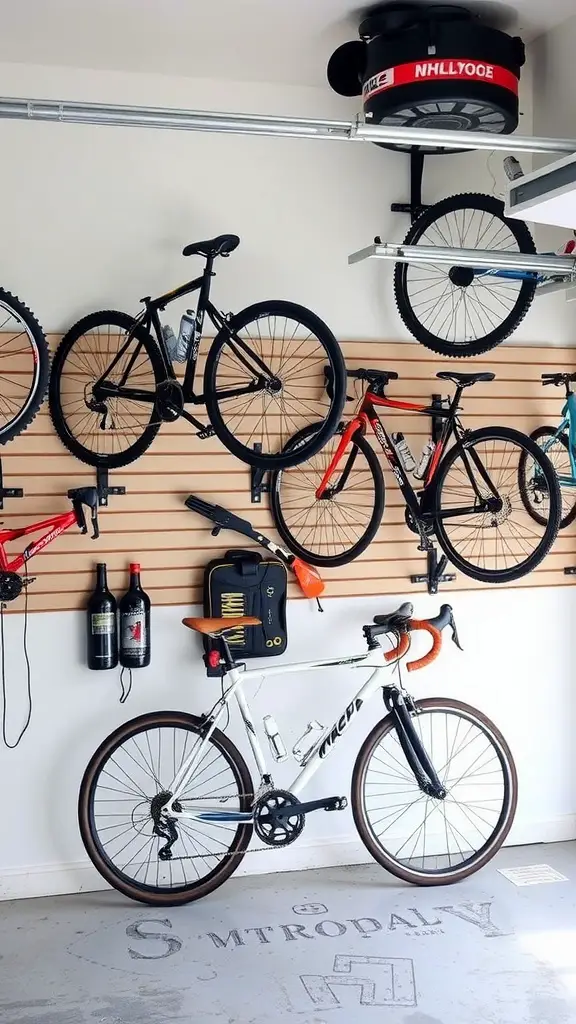 Well-organized garage wall with multiple bikes stored on a slatted rack, showcasing bike storage innovations.