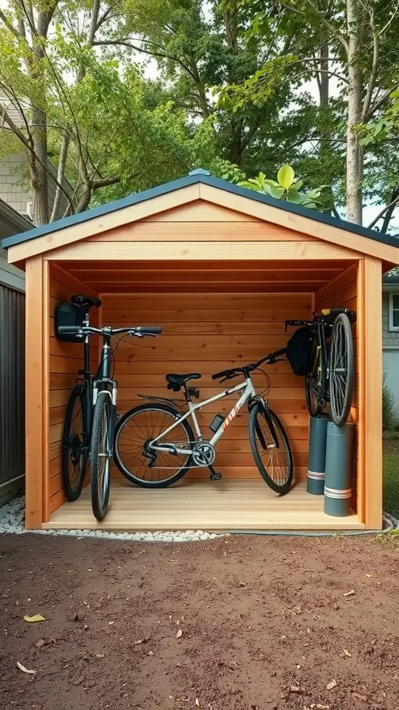 21 Creative Bike Storage Ideas for Small Spaces 5 A wooden bike storage shed with two bicycles inside, surrounded by trees.