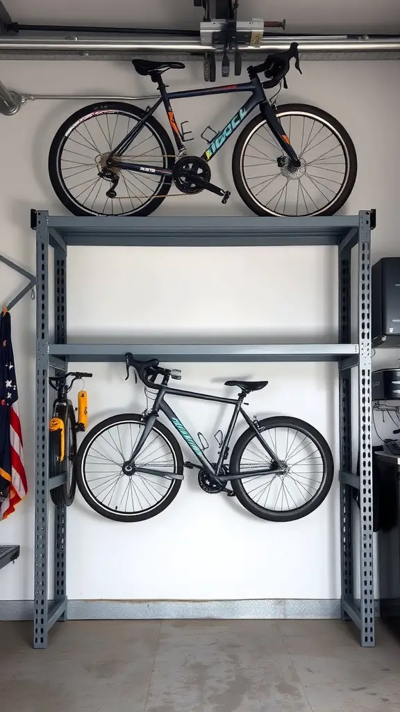 An organized garage with bike storage shelves displaying two bikes