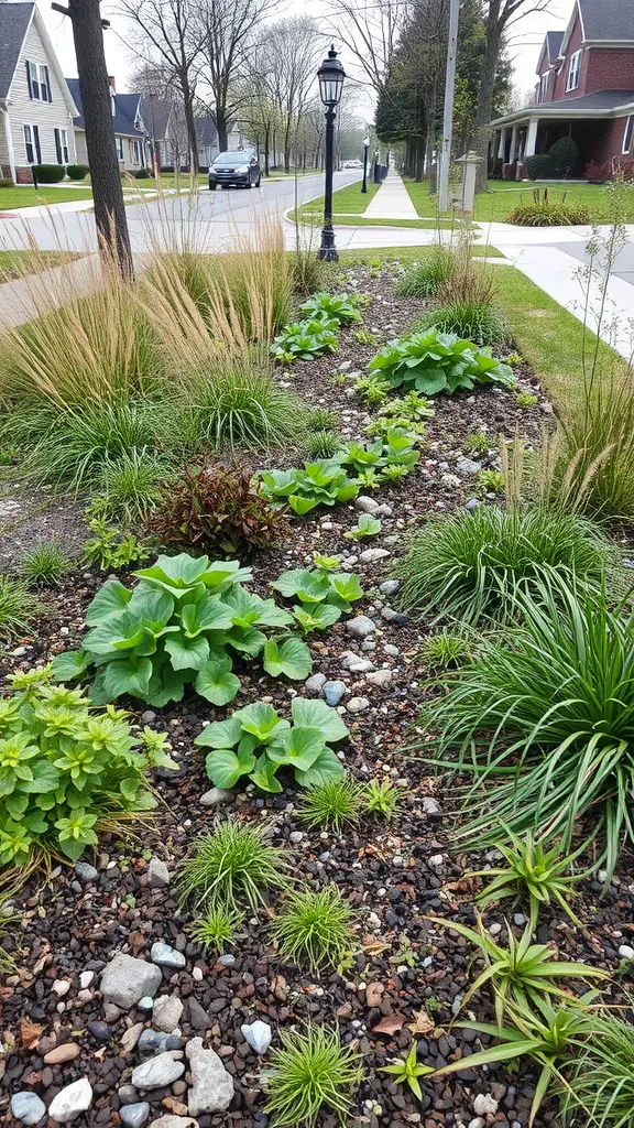 25 Creative Yard Drainage Ideas to Transform Your Outdoor Space 8 A landscaped bioswale featuring native plants and stones for eco-friendly drainage.