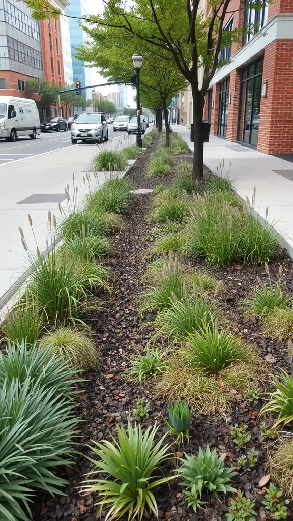 A bioswale featuring lush greenery and plants positioned between a sidewalk and road in an urban environment.