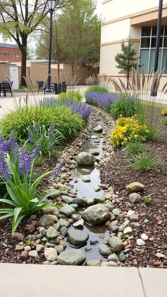 23 Creative Rain Gutter Drainage Ideas for Your Home 15 A landscaped bioswale featuring rocks, plants, and flowers for effective stormwater management.