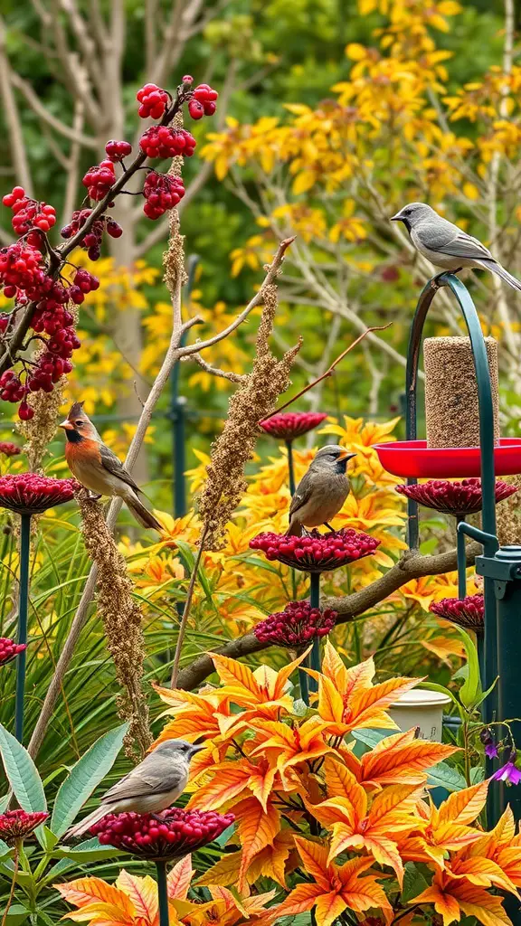 A colorful garden with various birds feeding on plants and berries during fall.