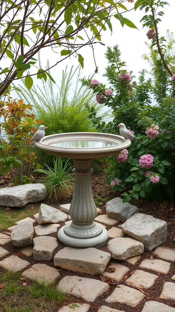 23 Creative Garden Rock Art Ideas to Brighten Your Outdoor Space 15 A stone bird bath in a garden surrounded by greenery and flowers, with two birds perched on the rim.