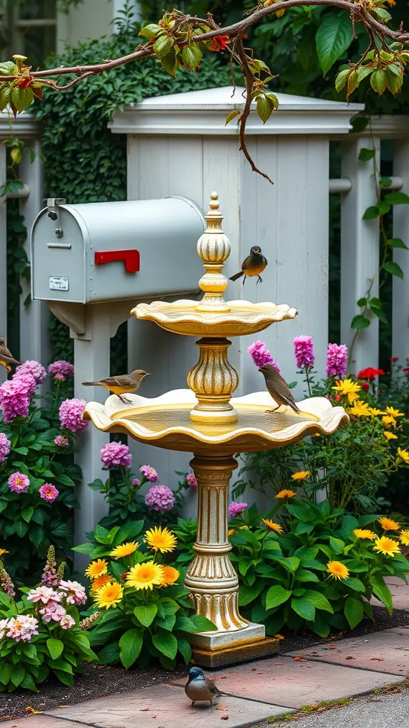17 Creative Mailbox Landscaping Ideas You’ll Love 10 A decorative birdbath with birds perched on it, surrounded by colorful flowers next to a mailbox.