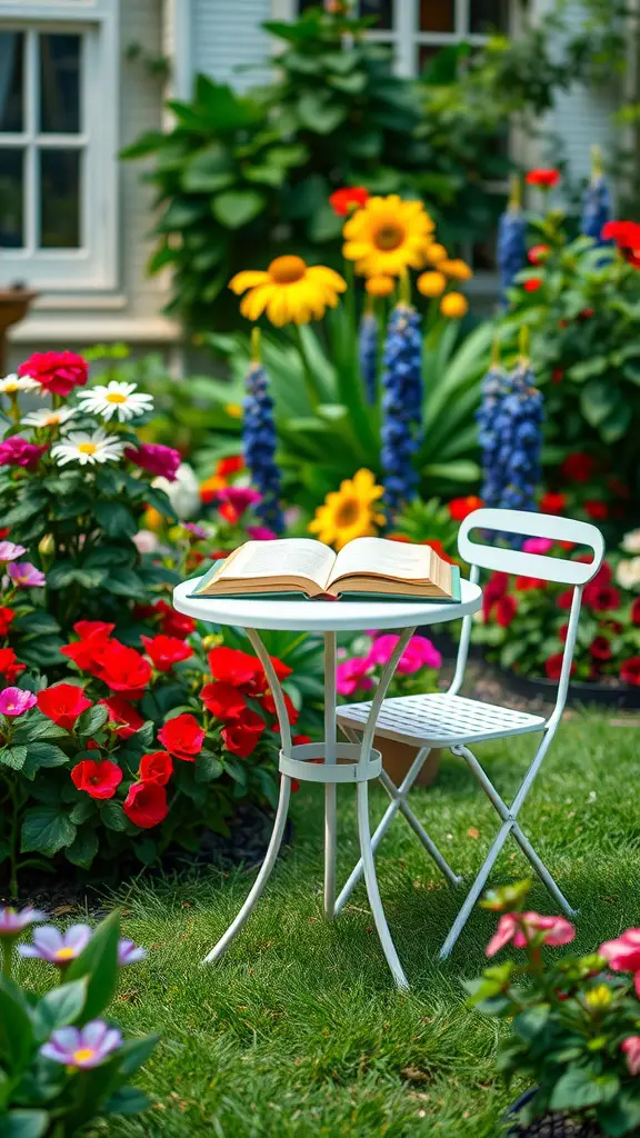 13 Cozy Garden Reading Nook Ideas for Book Lovers 6 Bistro table and chair setup surrounded by colorful flowers in a garden