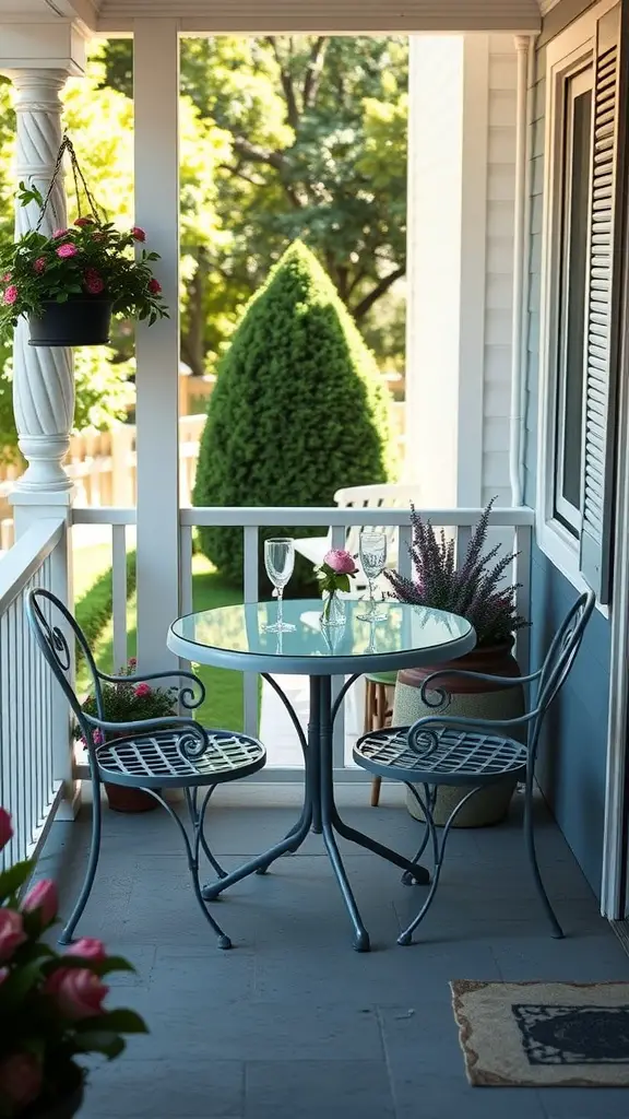 21 Charming Small Back Porch Ideas to Transform Your Outdoor Space 4 A small back porch with a bistro table and two chairs, surrounded by plants