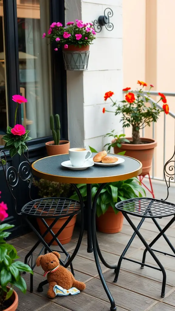 23 Affordable Backyard Patio Ideas to Transform Your Outdoor Space 13 Bistro table on a patio with potted flowers and a cup of coffee
